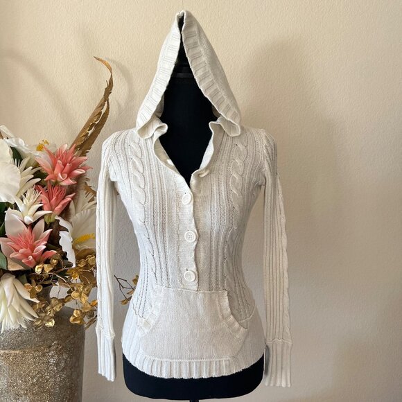 Justice Y2K Cable Knit Hooded Button Up Glitter Thread Ivory Cream Sweater XS - Picture 2 of 8